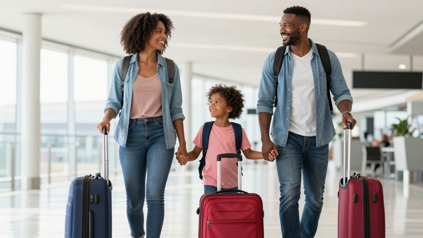 Family happily walking through airport with luggage.