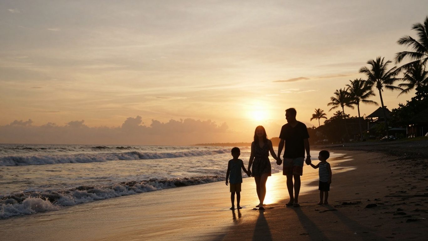 Family enjoying a peaceful sunset on a Bali beach.