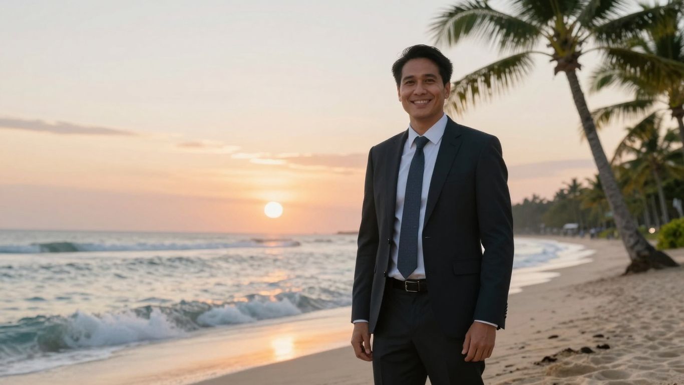 Business traveler enjoying a safe and scenic Bali beach.