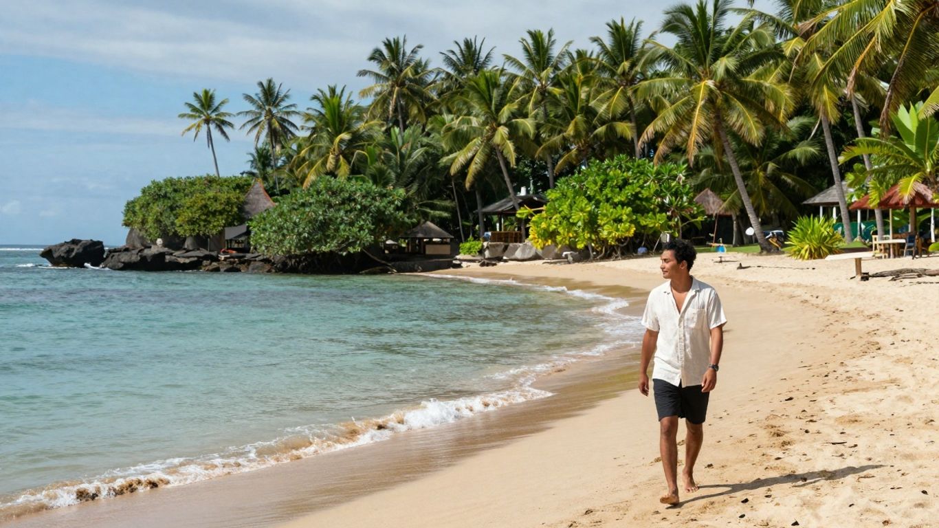Safe and beautiful Bali beach with palm trees and ocean.
